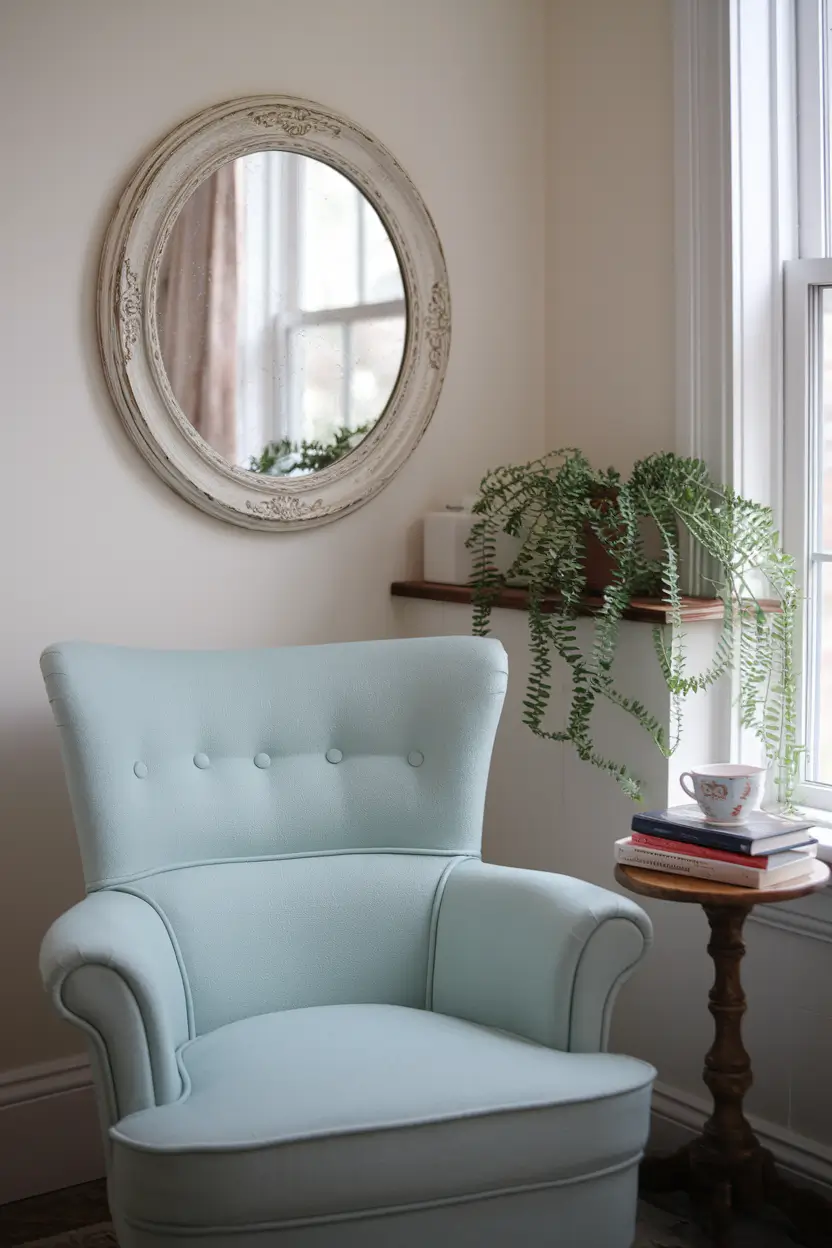 A photo of an intimate cottage reading nook tucked into a small corner. There's a petite light blue armchair with curved lines and visible upholstery texture. A vintage-inspired round mirror with a delicate white frame hangs on the wall, reflecting light and visually expanding the space. A small potted plant with soft, cascading leaves sits on a tiny wooden side table. There's a small stack of books and a cup of tea on the side table. A window is nearby. The cottage style has transformed this small space into a cozy retreat.