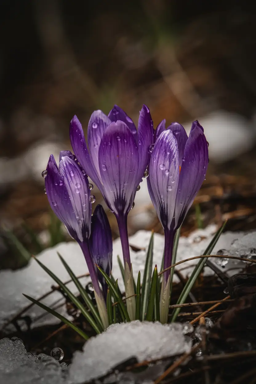 Snowdrops with morning dew, photographed from a low angle showing the interior markings