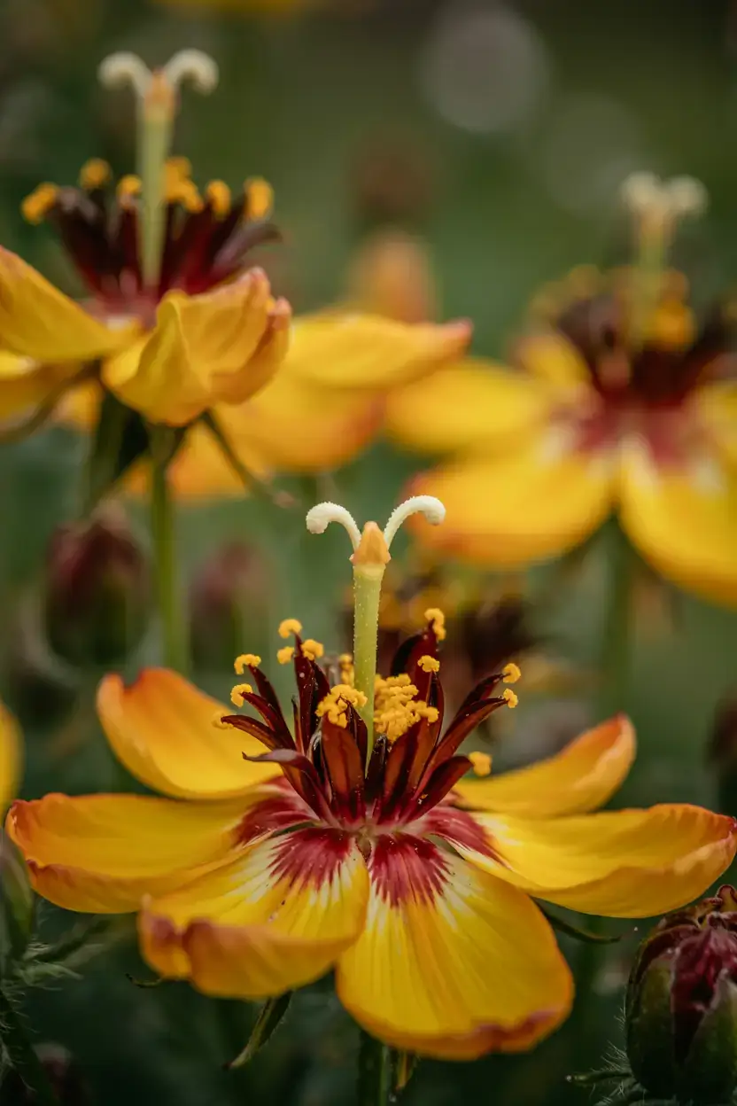 An extreme close-up photo of a flower's center, revealing the stamens and pollen. The flower is yellow with a brown center. The background is blurred and filled with more flowers of the same kind. The photo has a soft focus.