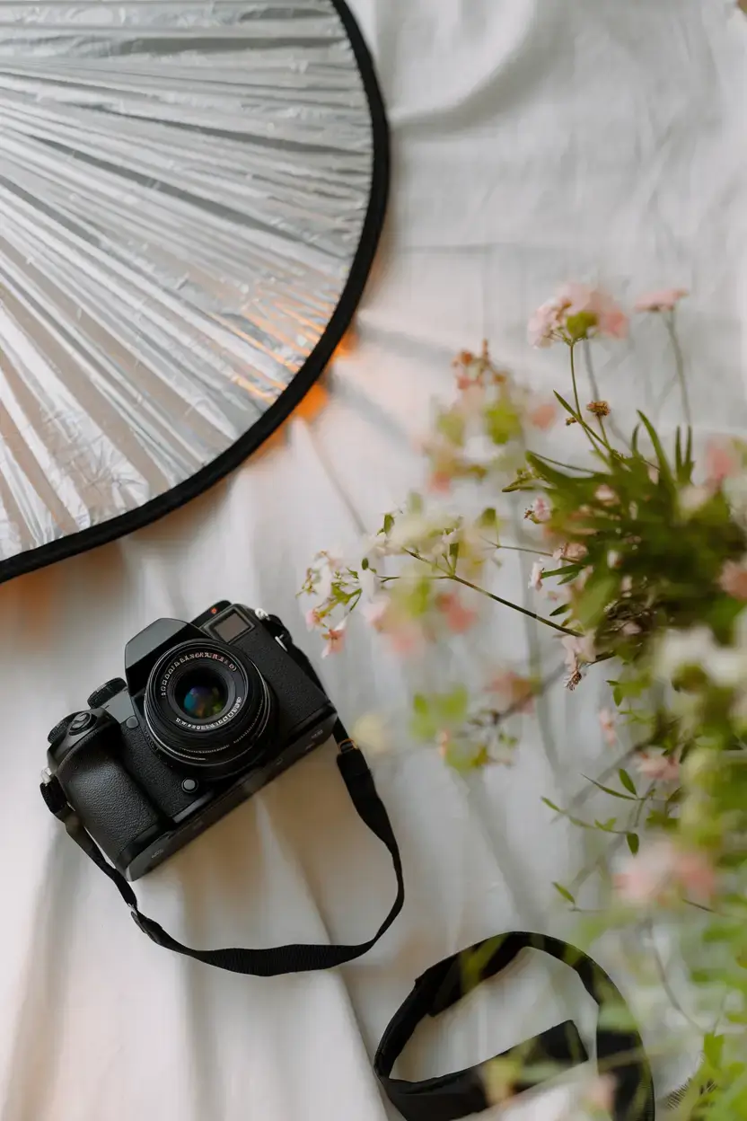 A photo of photography gear laid out for a spring shoot. There's a DSLR camera with a macro lens attached. There's a reflector and a ground cloth as well. The ground cloth has a white background, perfect for product photography. The reflector will help bounce light and fill shadows. The overall scene has a soft, warm lighting.