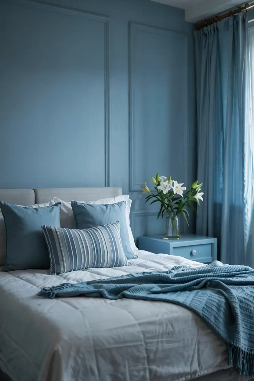 A photograph of a serene blue bedroom with soft lighting and cozy bedding. The bed is centered in the frame with a plush white comforter and an array of soft blue and gray throw pillows. A matching blue bedside table features a small vase with fresh white lilies, while a large window with sheer curtains allows a gentle, warm glow to fill the room.