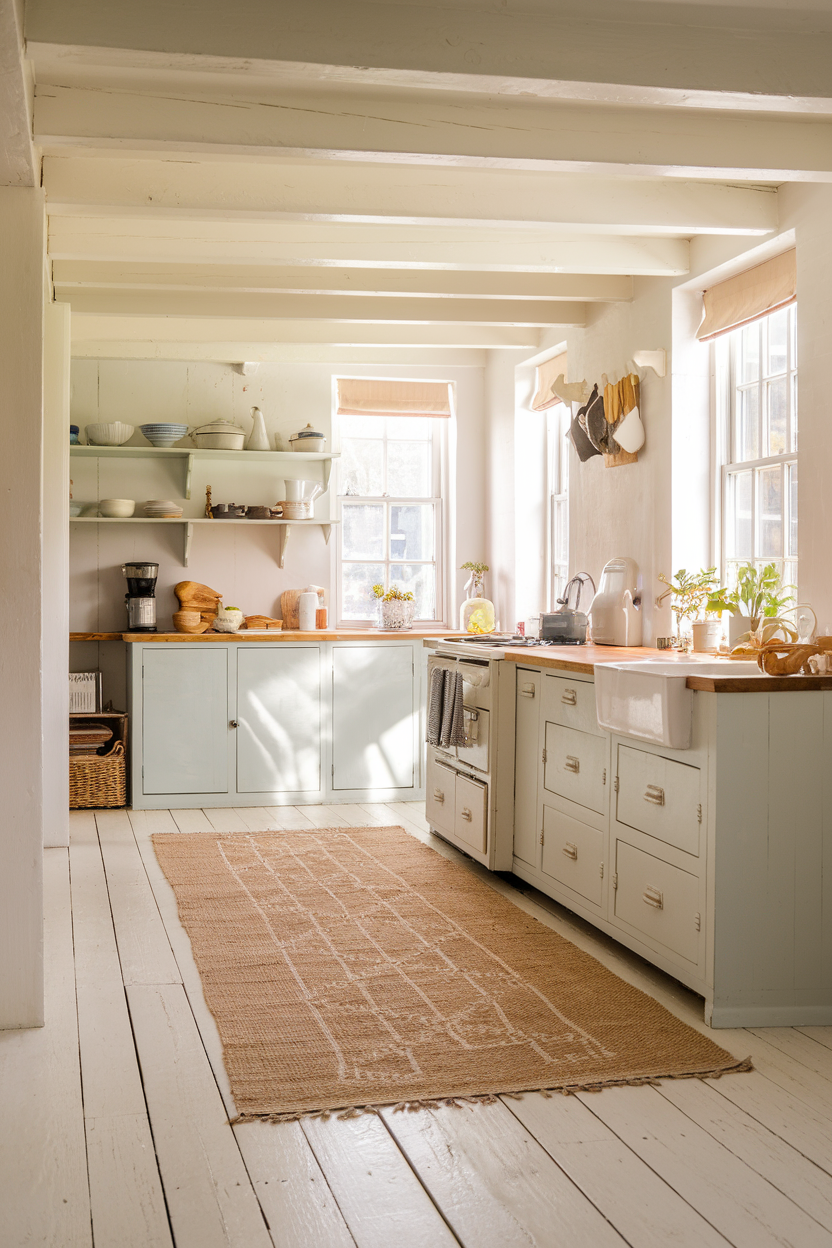 A photo of a bright cottage kitchen with wide-plank wood floors painted in a soft, slightly distressed white finish. A natural jute rug with a subtle geometric pattern anchors the cooking area, adding warmth and texture to the space. The kitchen features open shelving with vintage crockery, exposed beams, and a mix of vintage and modern elements like enamelware and a small modern coffee maker. Soft morning light streams through windows dressed with simple white cotton curtains, highlighting the texture of the floor and rug.