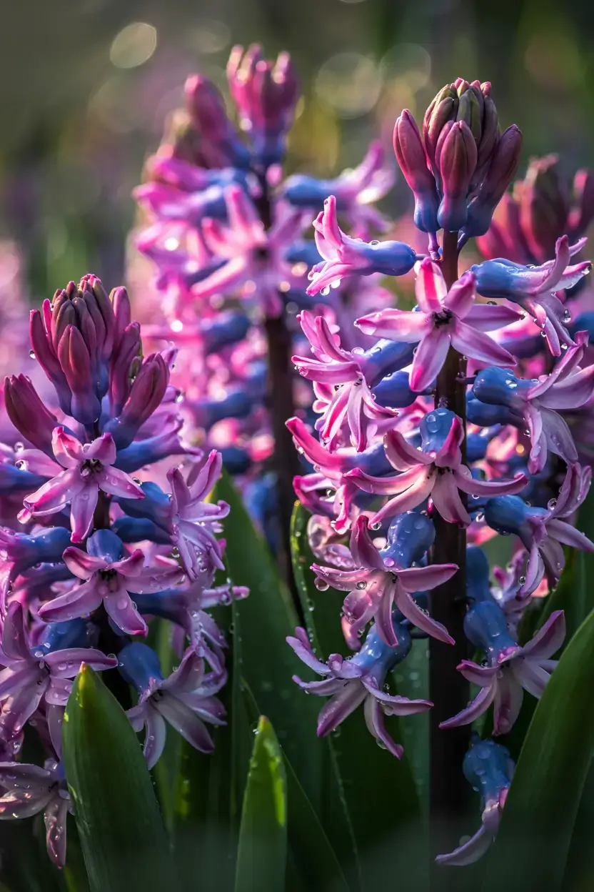  Hyacinth flowers with water droplets, early morning light highlighting the individual florets