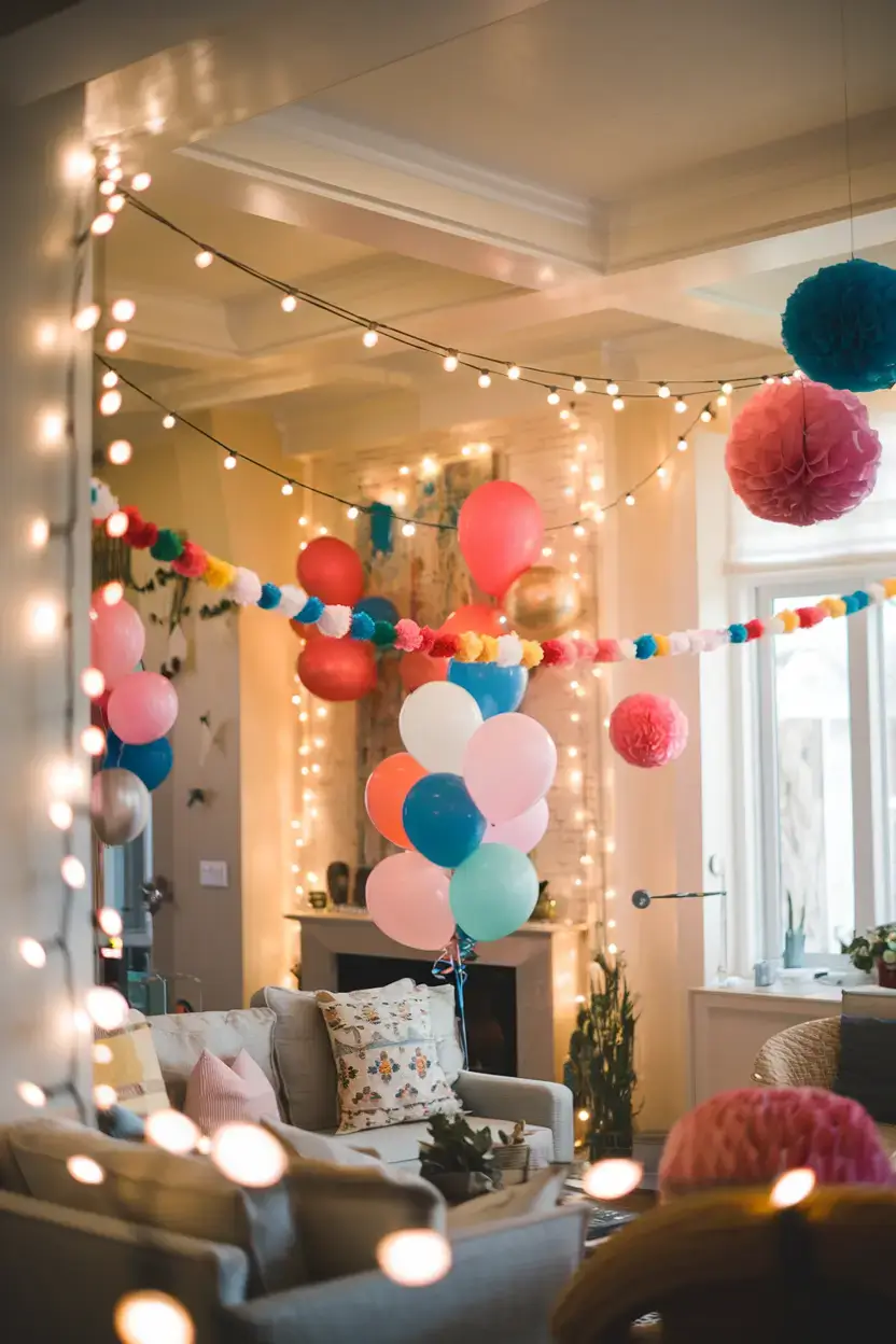 A photo of a beautifully decorated living room with string lights, colorful balloons, and simple DIY decorations creating a festive atmosphere. There are string lights wrapped around the room, balloons in various shapes and sizes, and DIY decorations such as paper garlands and pom-poms. The room has a warm, inviting ambiance with soft lighting.
