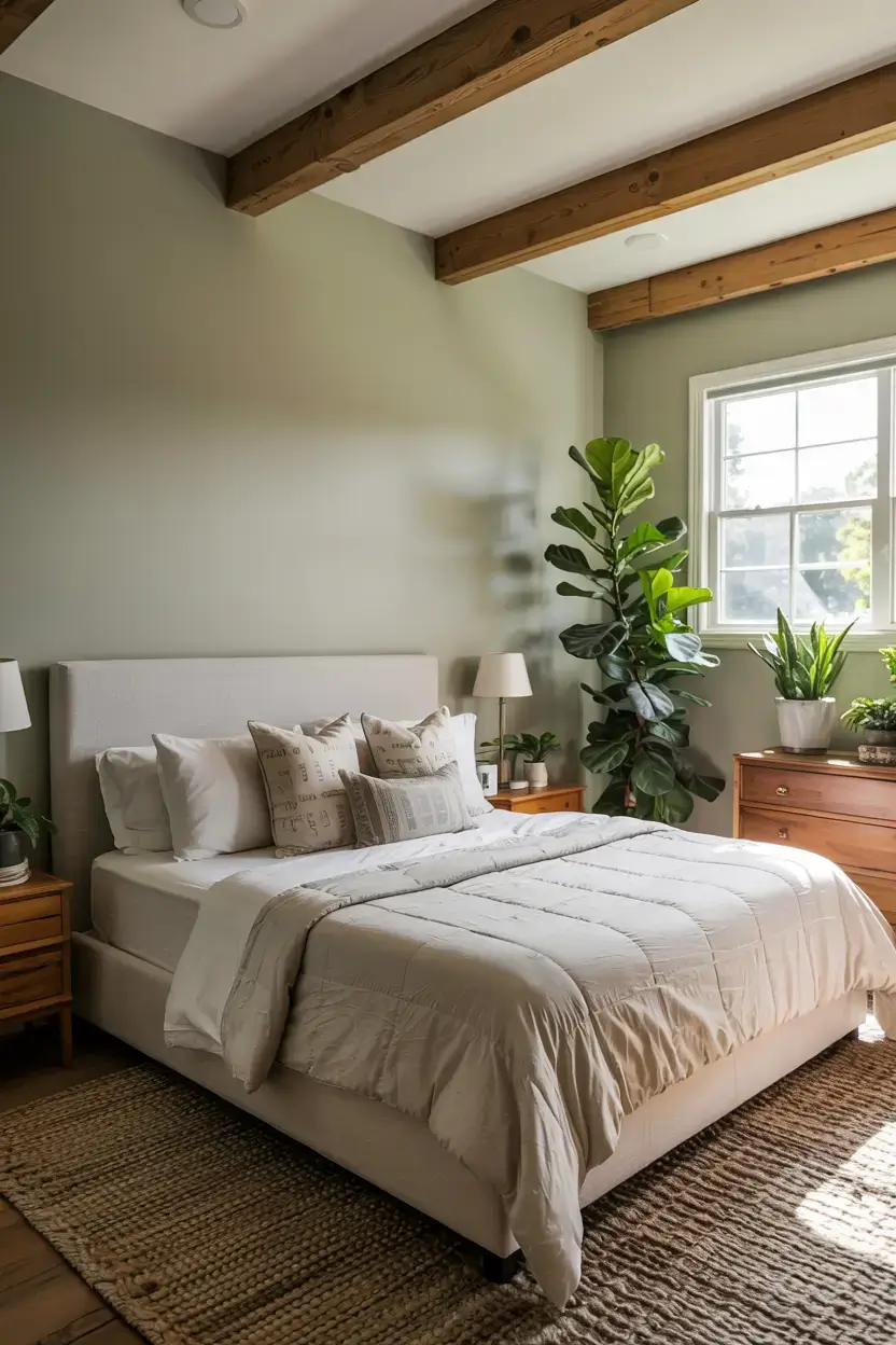 A photograph of a serene sage green bedroom with a large window letting in natural light. A comfortable king-size bed with a plush white duvet and decorative pillows is centered in the room, flanked by two nightstands made of natural wood. Potted plants in various sizes, including a tall fiddle leaf fig and smaller succulents, adorn the nightstands and a wooden dresser against the far wall. The ceiling features exposed wooden beams, and a woven rug in neutral tones adds warmth to the space.