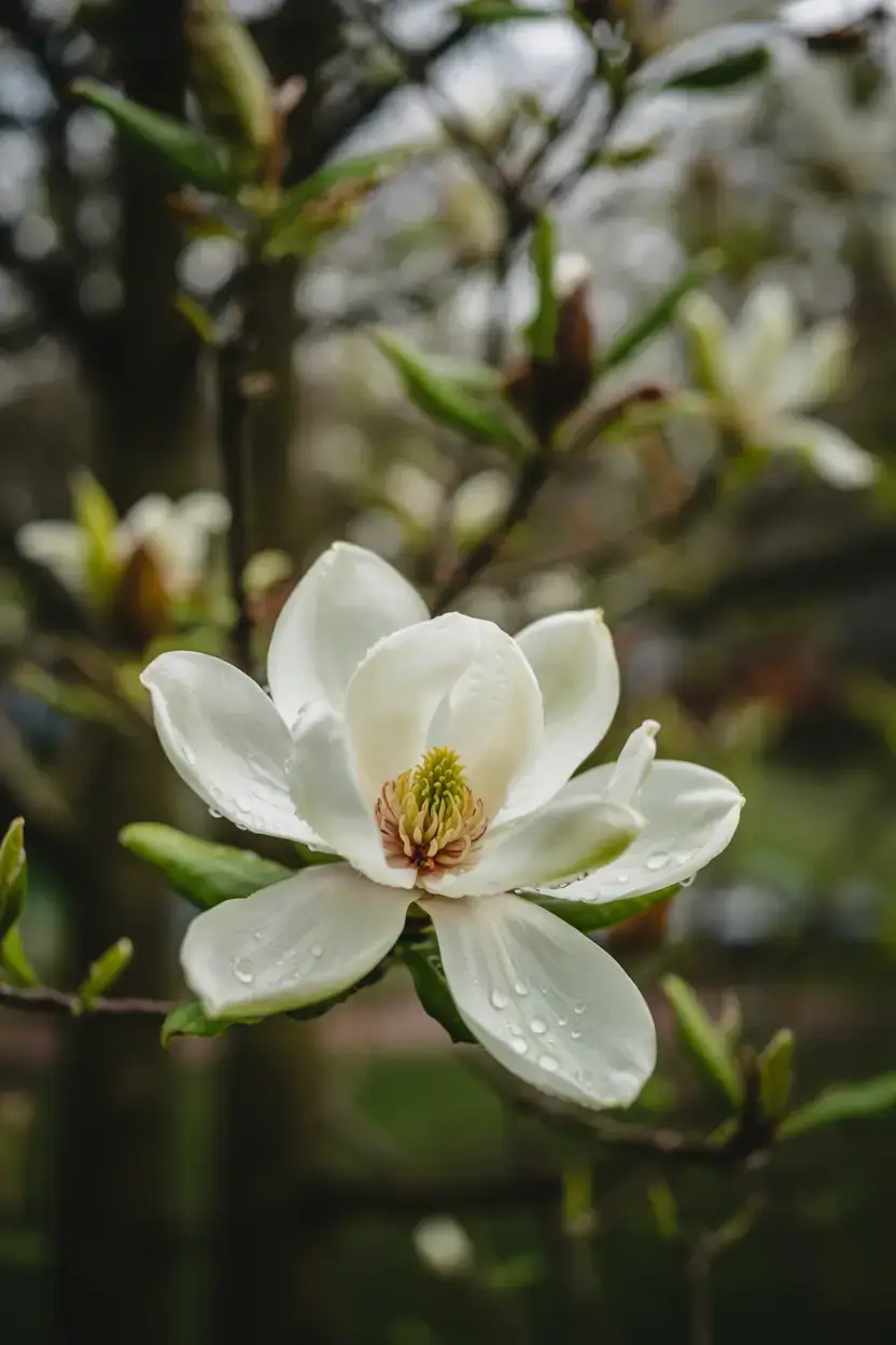 A photograph showcasing a close-up view of a pristine white magnolia flower in the midst of opening. The petals are delicately layered, revealing a hint of the vibrant yellow stamen and pistil within, while tiny droplets of dew cling to the soft surface of the petals. A shallow depth of field creates a gentle bokeh effect in the background, featuring a few blurred green leaves and branches. Soft, diffused natural light illuminates the flower, highlighting its intricate details and creating a serene, peaceful atmosphere.