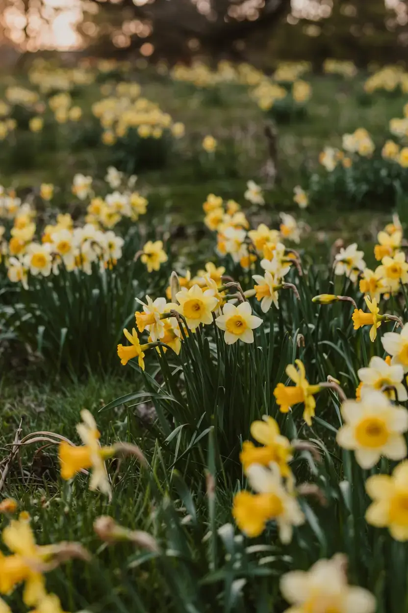 Field of daffodils in early morning light with side lighting highlighting their trumpet shapes