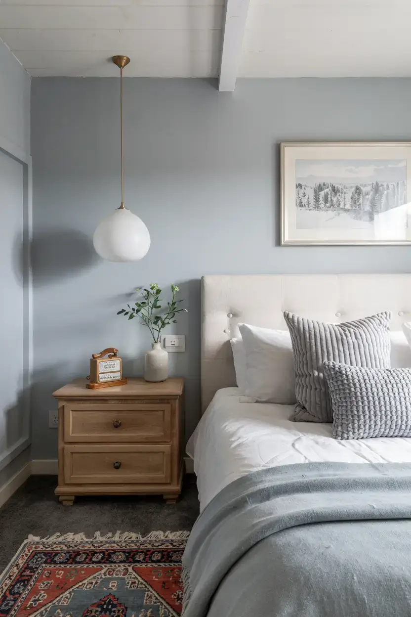 dusty blue bedroom with plush pillows and a wooden nightstand here