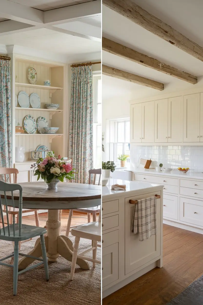 A split-screen image comparison of a charming cottage dining room with a round wooden table, mismatched vintage chairs, and floral pattern curtains in soft blues and pinks. The room features open shelving with displayed china and fresh flowers as a centerpiece. On the right, a clean farmhouse kitchen with streamlined shaker cabinets, neutral colors throughout, and simple plaid kitchen towels. Both spaces have exposed beams, painted white in the cottage and natural wood in the farmhouse, to highlight the stylistic differences.