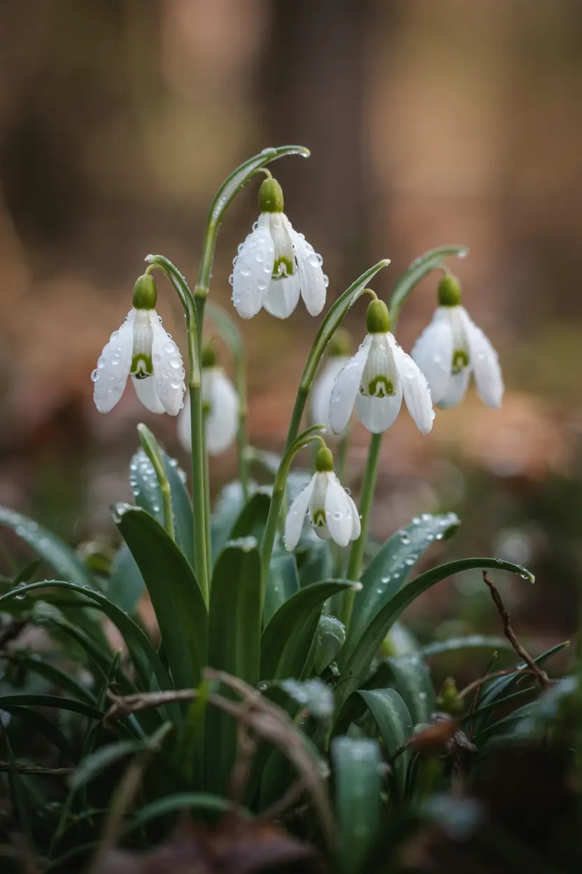 Snowdrops with morning dew, photographed from a low angle showing the interior markings