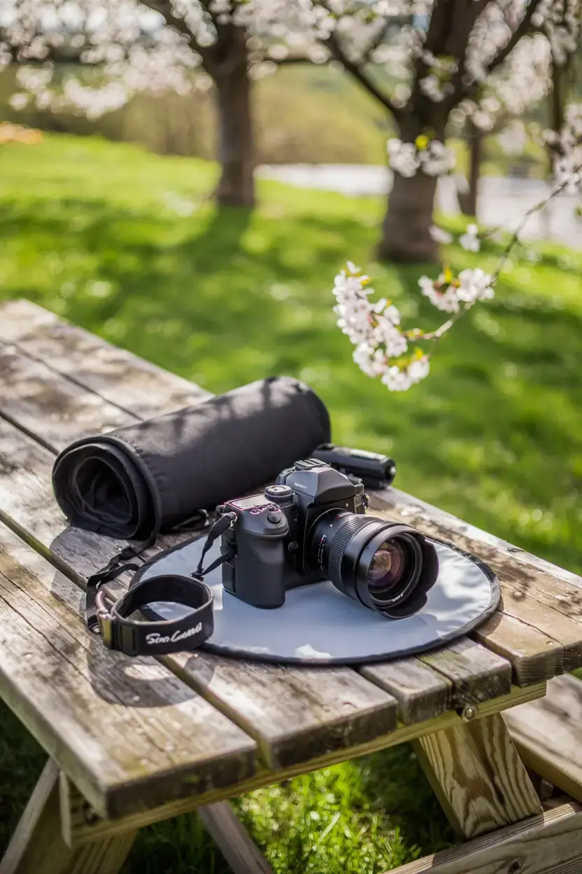Photography gear laid out for spring shoot, including camera, macro lens, reflector, and ground cloth