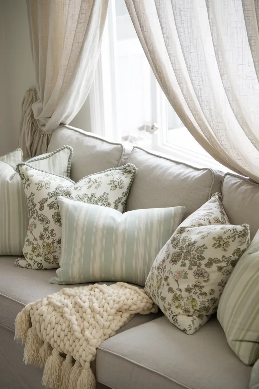 A close-up view of a cottage-style sofa adorned with an abundance of tactile pillows in complementary patterns and textures—floral prints, stripes, and solid pastels in cream, soft blue, and sage green tones. A chunky hand-knit throw in cream or soft beige is casually draped over one corner. The sofa is positioned beside a window dressed with flowing, sheer linen curtains that gently move with the breeze. Soft, diffused natural light creates a dreamy, inviting atmosphere perfect for afternoon reading.