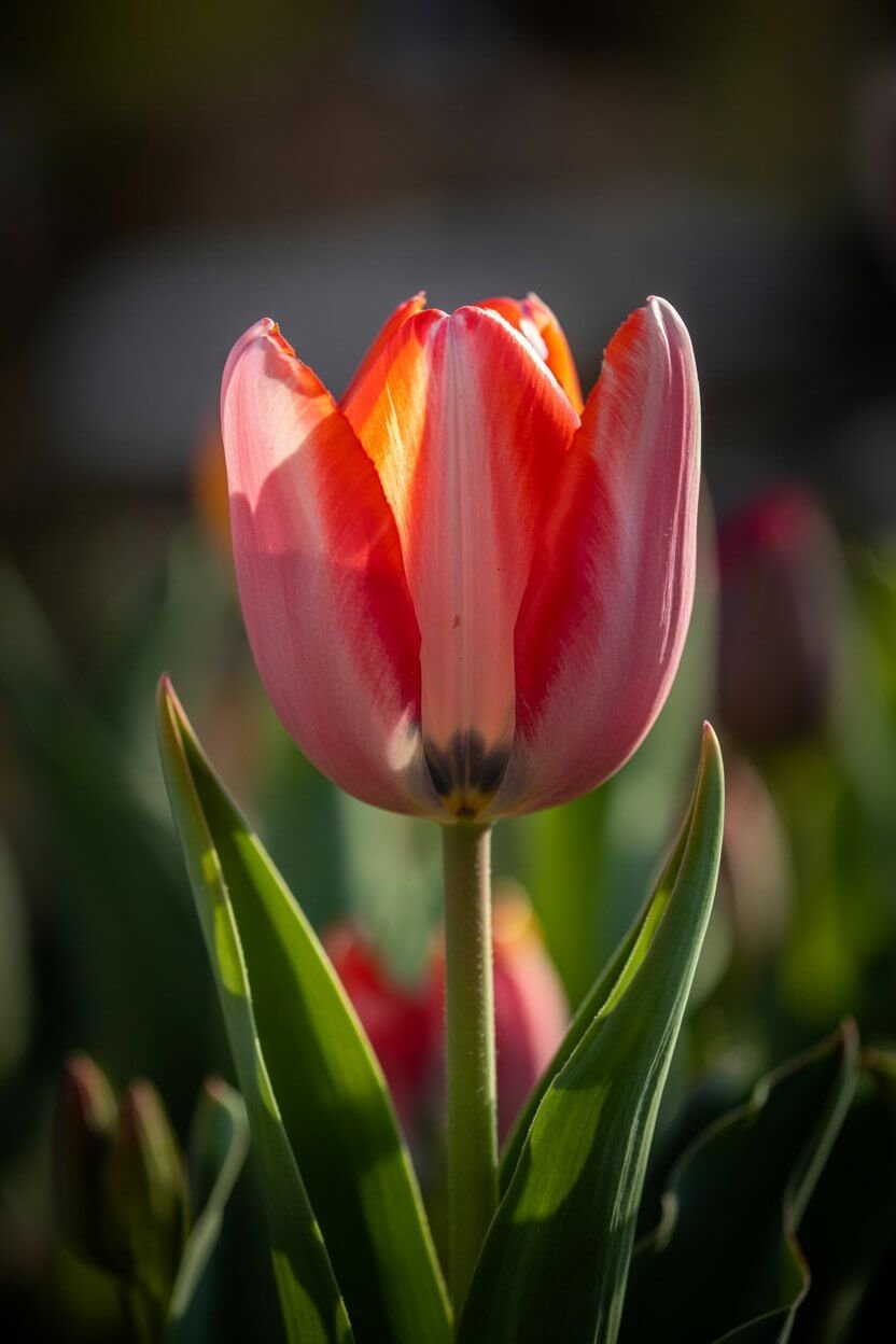 Single tulip backlit by morning sun showing translucent petals