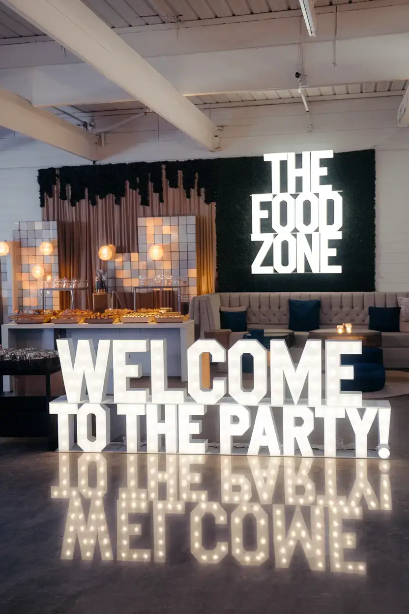 A party space with distinct zones. There's a welcoming entrance with a large, illuminated sign that reads "Welcome to the Party!". There's a themed food station with a large, illuminated sign that reads "The Food Zone". There's a comfortable conversation area with plush seating and soft lighting.
