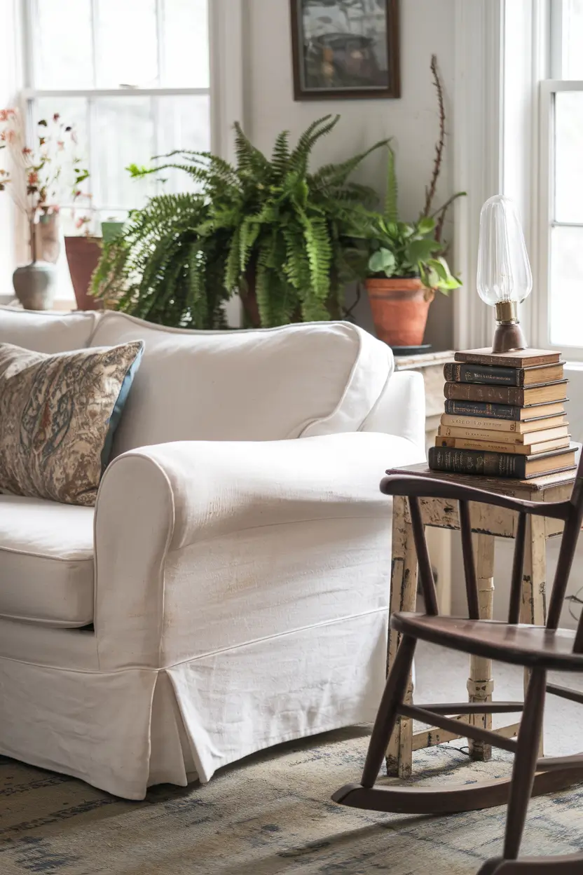 A photo of a lived-in cottage living room with a comfortable white slipcovered sofa with visible wrinkles for authenticity. Beside the sofa stands a classic wooden rocking chair with a subtle patina showing its age and character. A carefully arranged stack of vintage books with faded spines sits on a distressed side table. The room includes a vintage-inspired table lamp, potted ferns, and a patterned cushion in muted colors to create depth and the feeling of a space that has evolved naturally over time.
