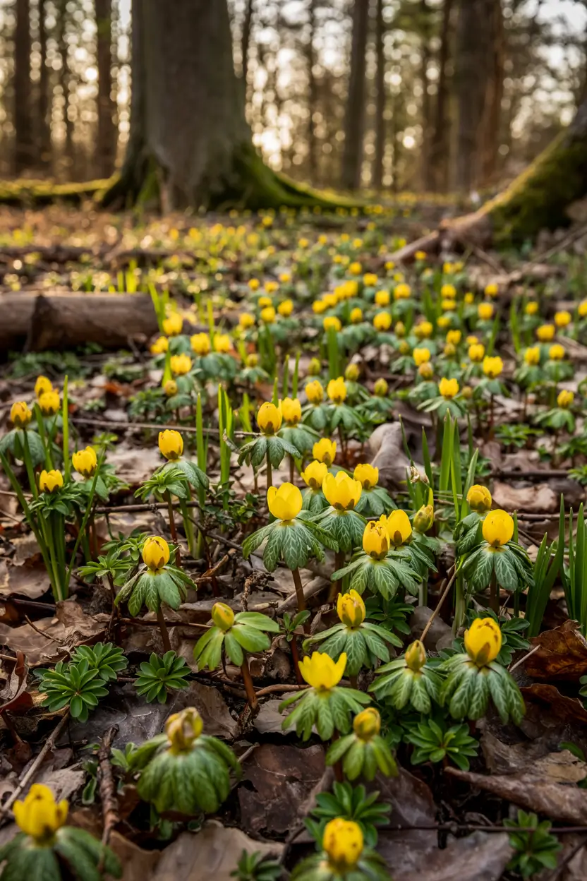 Winter aconites in a natural woodland setting, shot in golden morning light